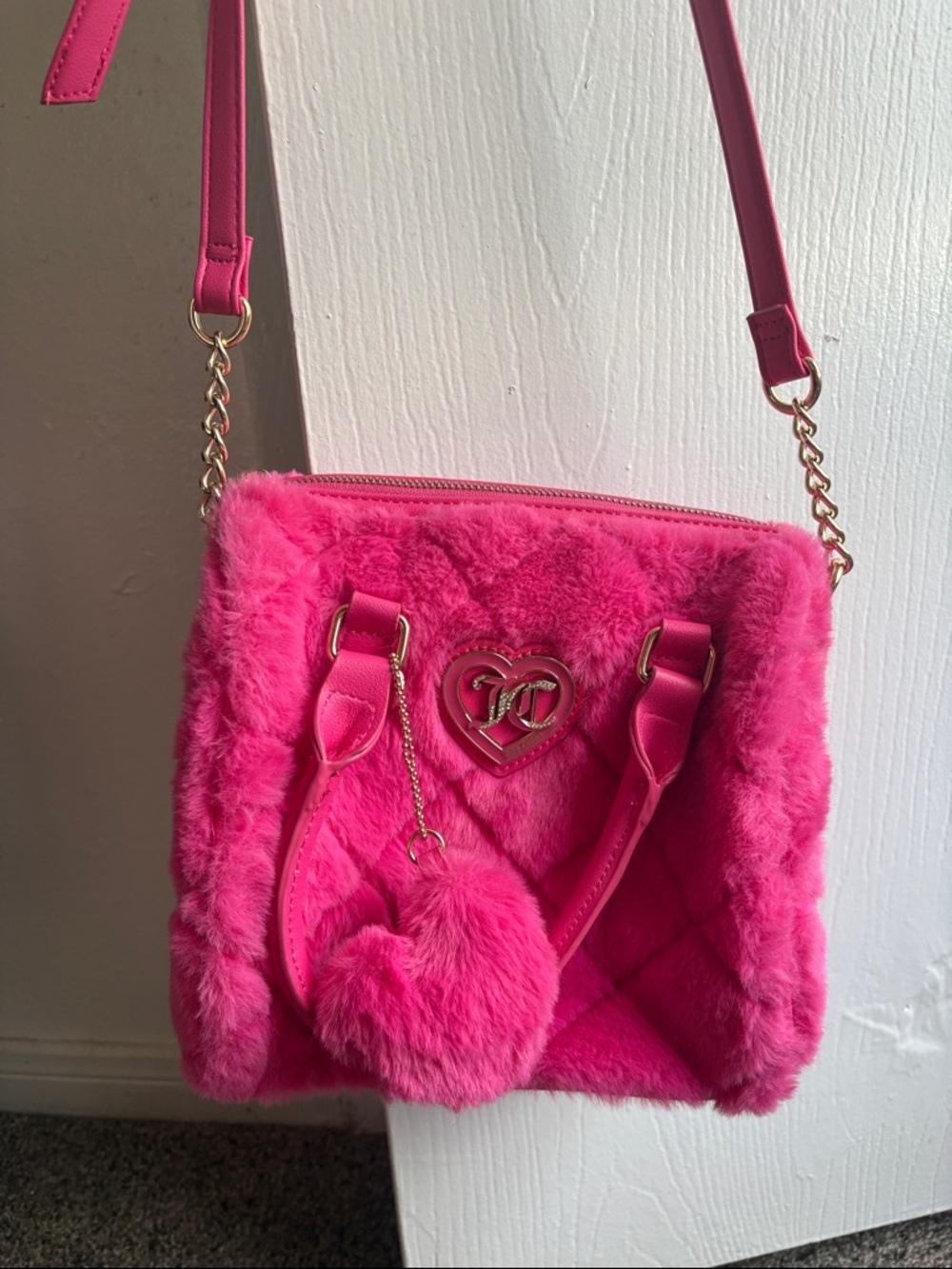 Juicy couture cozy satchel Pink Faux-Fur Crossbody Bag with Heart Charm